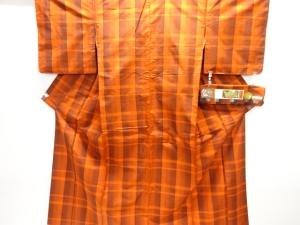 アンティーク　藤絹織物製　変わり格子模様織り出し本場大島紬着物